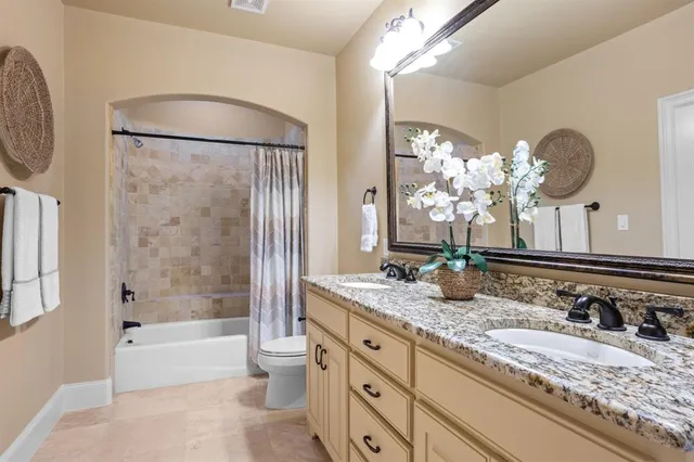 a bathroom with a granite countertop sink a toilet and bathtub