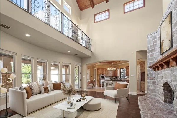 a view of a city with lawn chairs