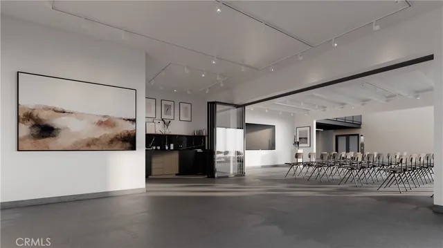 a view of a city with furniture