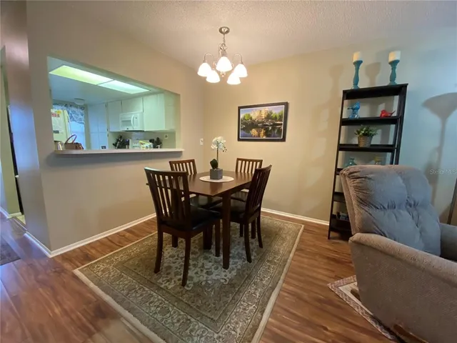 a view of a dining room with furniture