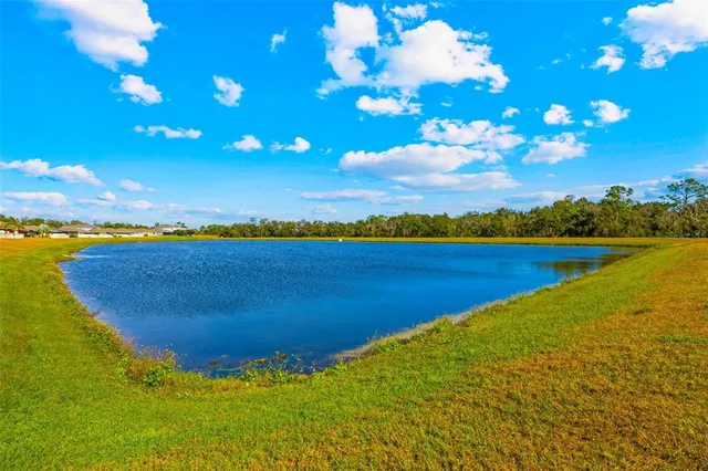 a view of a lake with houses in the back