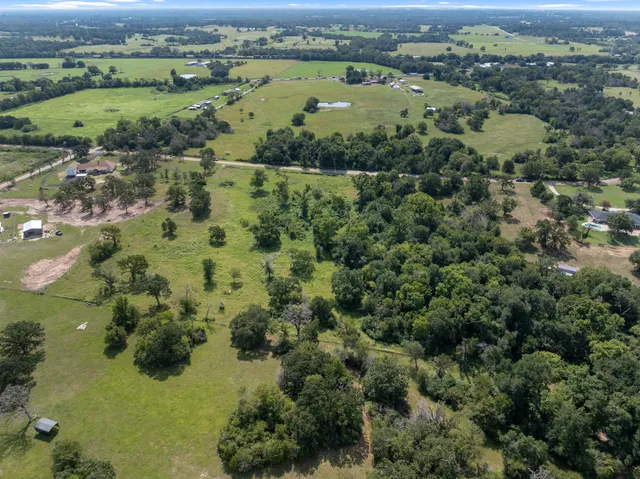an aerial view of a houses with outdoor space and trees