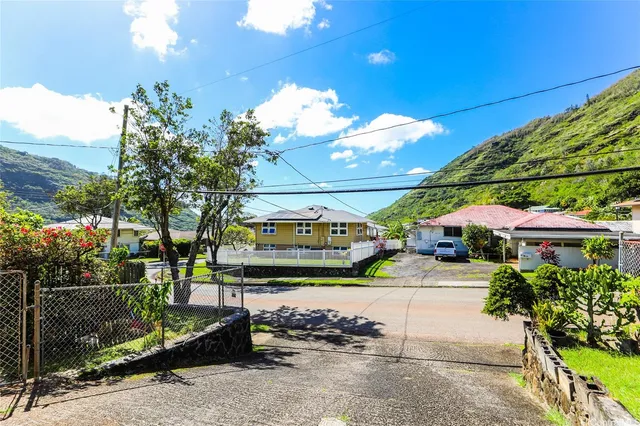 a view of a yard with plants and a fountain