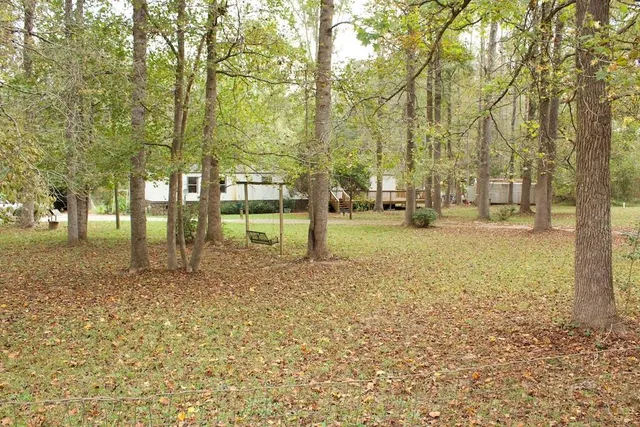 a view of a yard with trees in the background