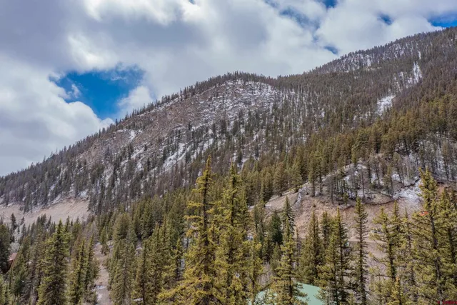 a view of a dry yard with mountains in the background
