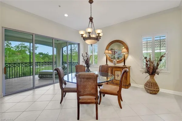 a view of a dining room with furniture window and outside view