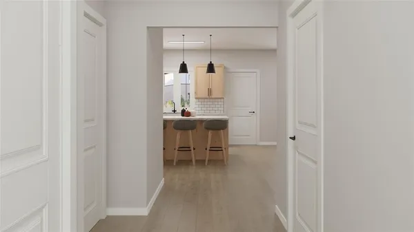 a dining room with furniture and a bathroom