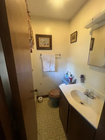 a bathroom with a sink a toilet and mirror