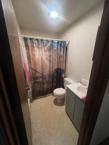 a bathroom with a sink a toilet a mirror and a shower