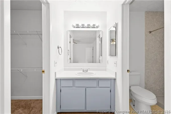 a bathroom with a sink vanity mirror and toilet