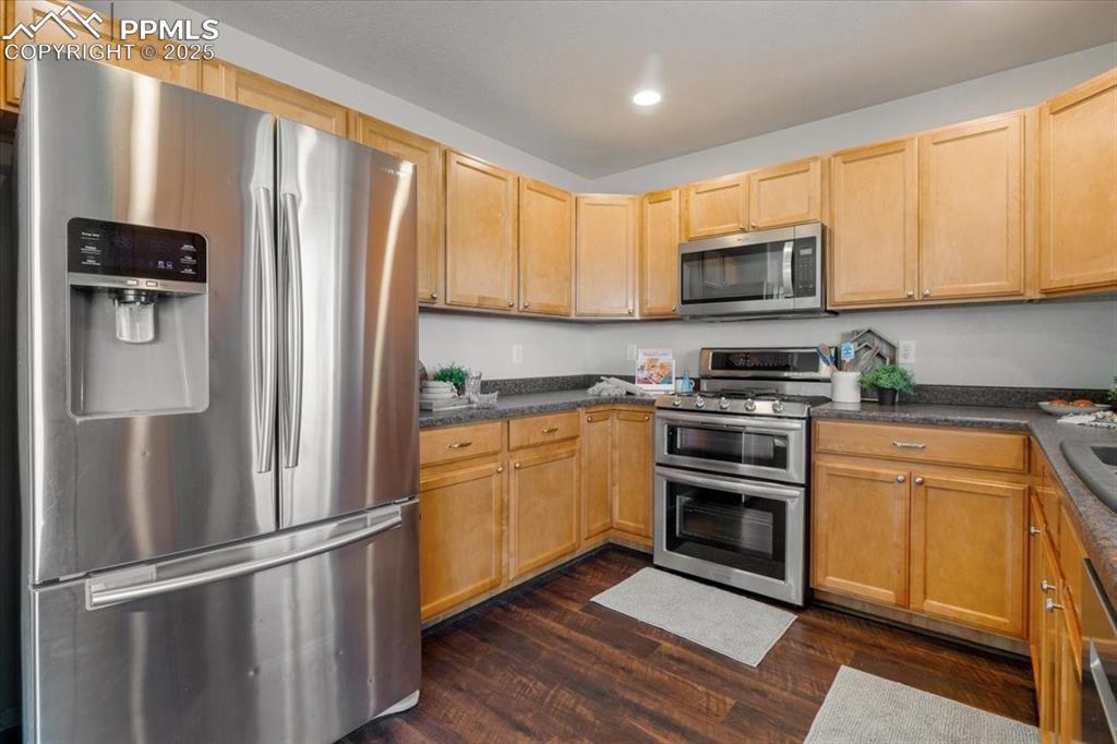 13038 Devil's Thumb Place Peyton, CO 80831 - Photo 9 of 44 Stainless steel appliances include a double-range oven, built-in microwave, dishwasher, and a French-door refrigerator.