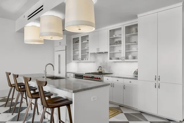 a view of a dining room with furniture