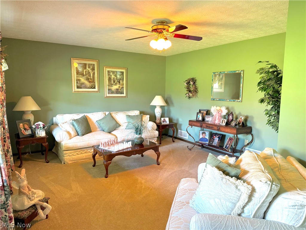 3906 Webb Road Ravenna, OH 44266 - Photo 14 of 33 Carpeted living space with a ceiling fan light fixture, light green wall finishes, and white trim