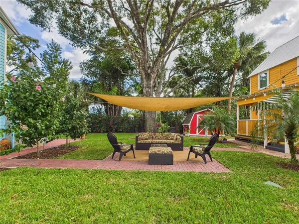 a view of a park with seating space