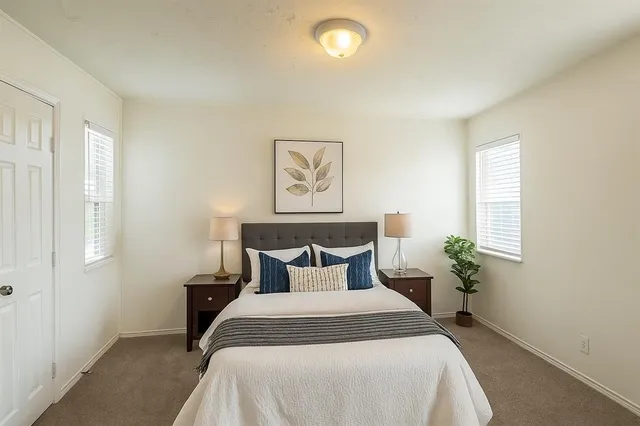 a bedroom with a bed and a potted plant