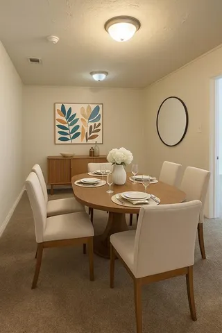 a view of a dining room with furniture
