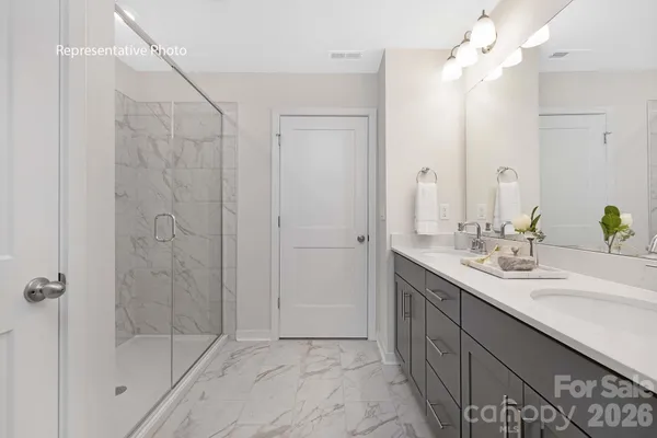 a bathroom with a double vanity sink a large mirror and shower