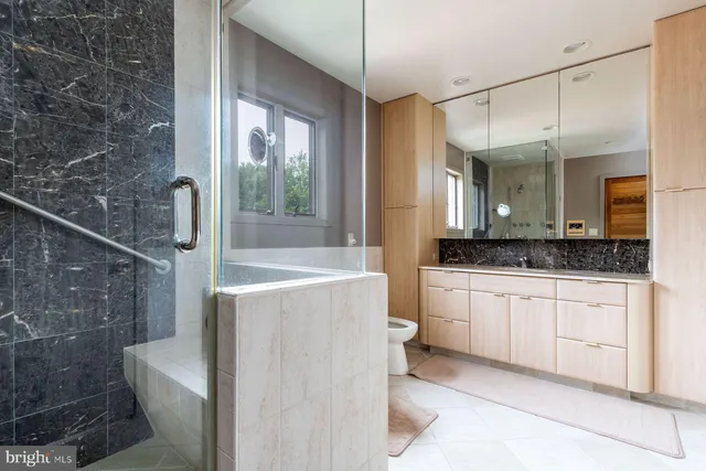 a bathroom with a granite countertop sink a toilet a mirror and shower