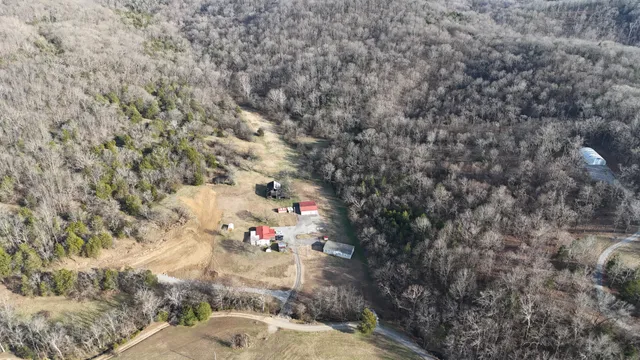 a view of a dry yard with mountains in the background