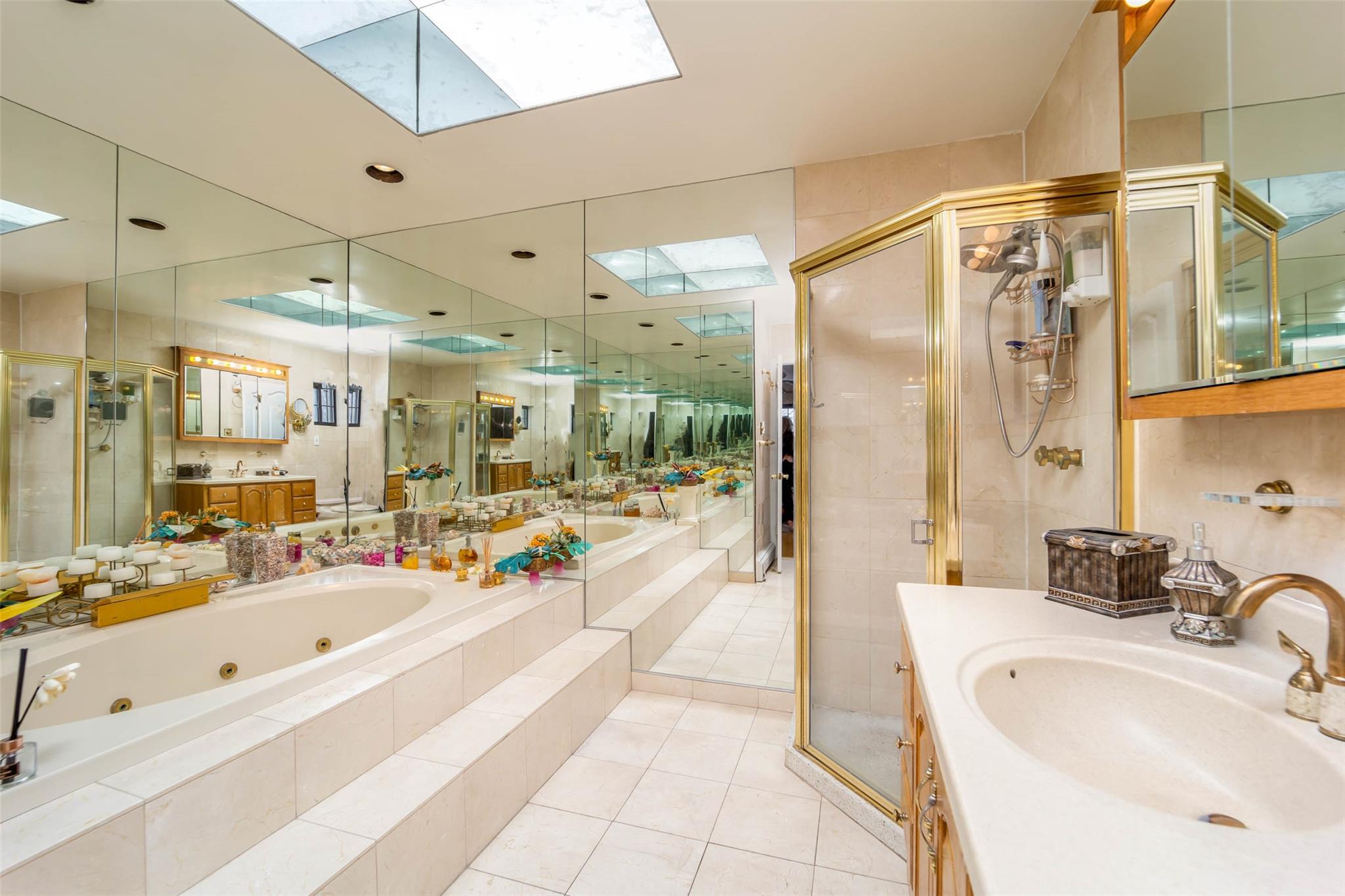509 Julius Road Queens, NY 11356 - Photo 15 of 26 Bathroom featuring a skylight, a jetted tub, a shower stall, and vanity