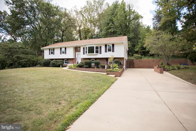 a backyard of a house with large trees and a wooden fence