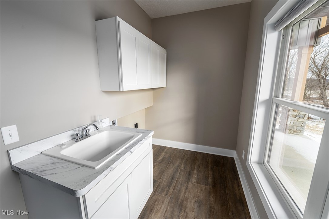 6960 State Road Wadsworth, OH 44281 - Photo 29 of 45 Clothes washing area featuring electric dryer hookup, dark hardwood / wood-style flooring, sink, and cabinets