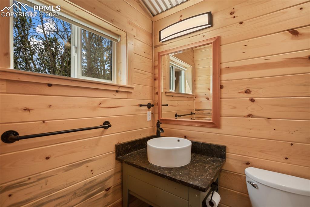 621 Yorktown Road Cripple Creek, CO 80813 - Photo 19 of 29 Upstairs bathroom with pine paneling, vanity, and toilet