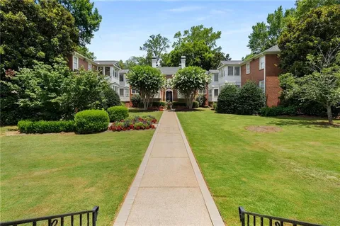 a view of a backyard with potted plants and large trees