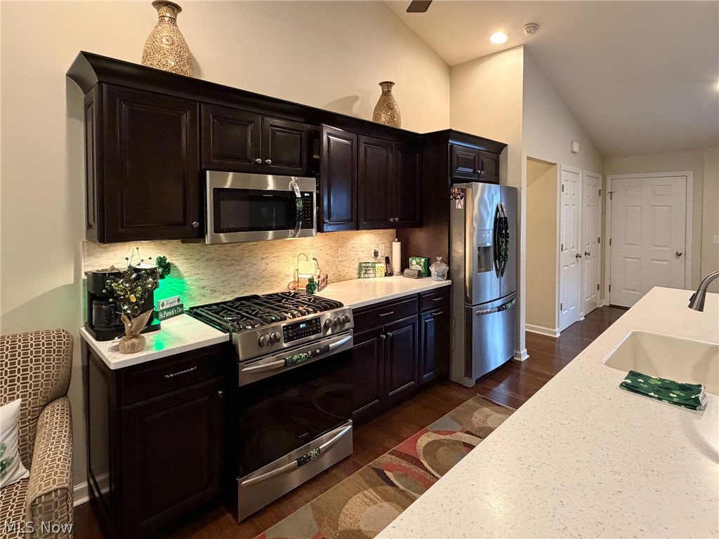 1343 Courtland Road Weirton, WV 26062 - Photo 11 of 50 Kitchen with stainless steel appliances, dark wood-style floors, vaulted ceiling, tasteful backsplash, and light stone countertops