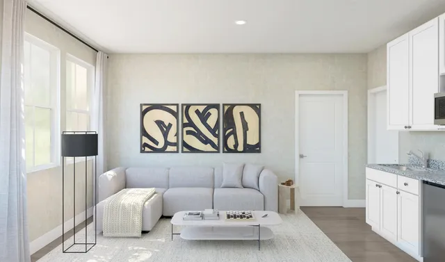 a living room with furniture and a potted plant