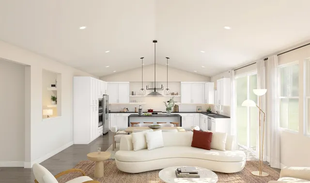 a living room with furniture and a table