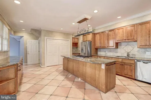 a kitchen with stainless steel appliances granite countertop a sink and a refrigerator