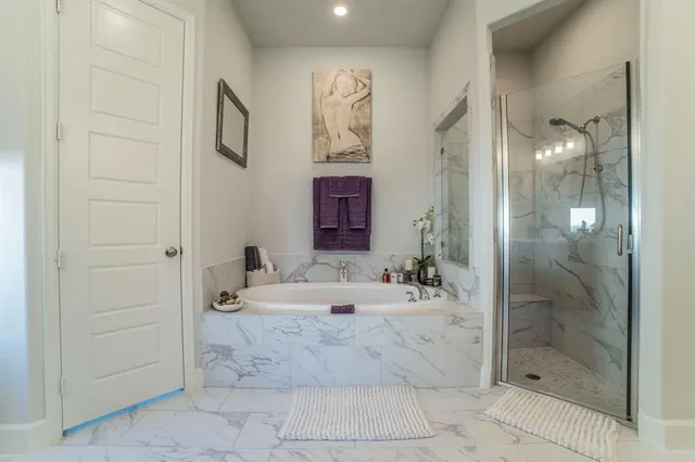 a bathroom with a bathtub and shower