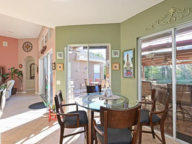 a view of a dining room with furniture window and outside view