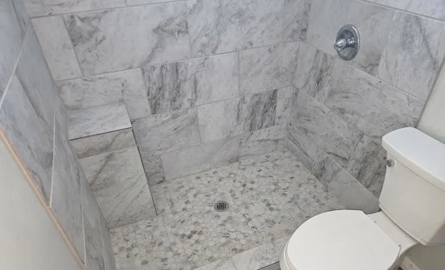 a bathroom with a toilet and a shower