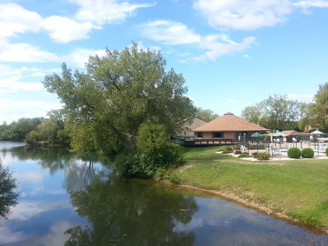 a view of a lake with lawn chairs and large trees