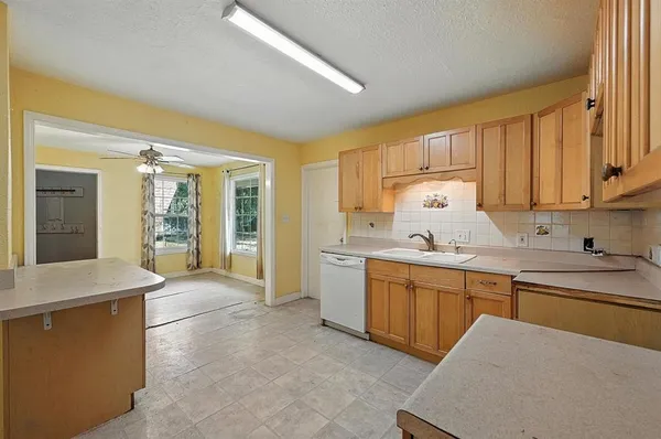 a large kitchen with a sink and cabinets