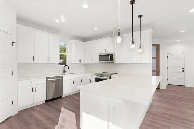 a view with cabinets