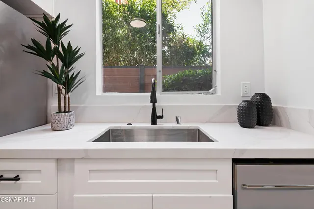 a kitchen with a sink and a potted plant