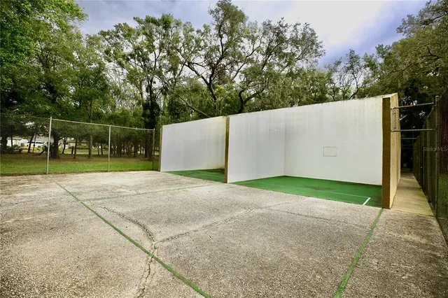 a backyard of a house with a garage and entertaining space