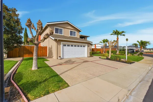 a front view of a house with a yard and potted plants