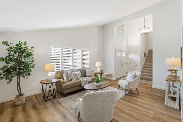 a living room with furniture and a potted plant