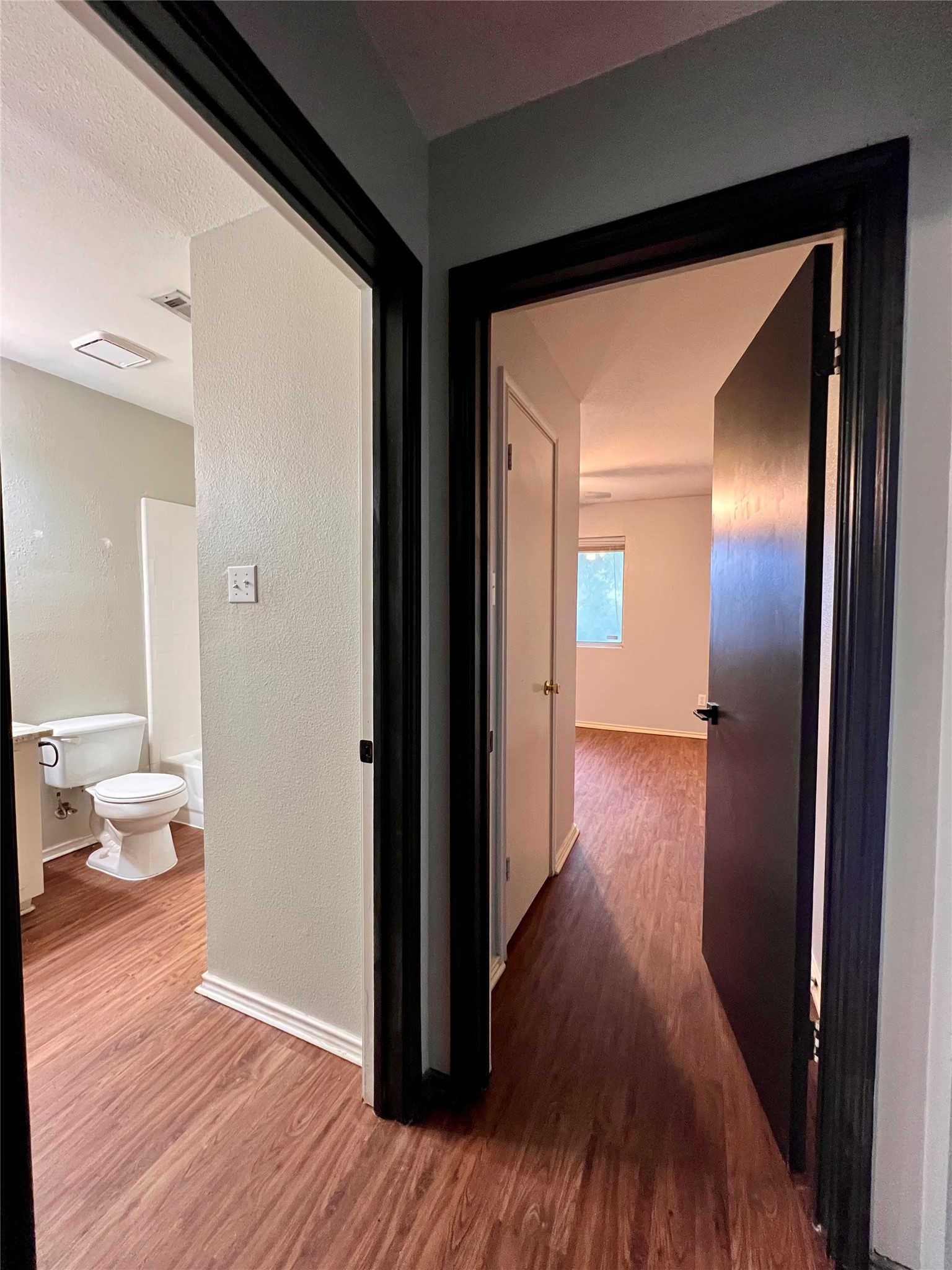 5404 China Berry Road Austin, TX 78744 - Photo 16 of 20 Rich wood-look flooring extends through the hallway, connecting living spaces with effortless flow.