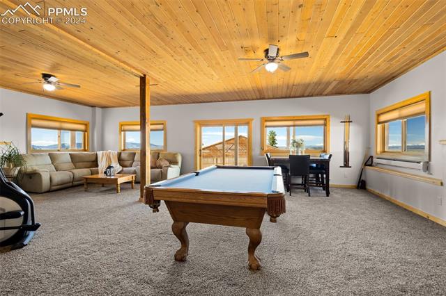 211 Yarnell Road Lake George, CO 80827 - Photo 26 of 50 Recreation room featuring a healthy amount of sunlight, carpet floors, and wood ceiling