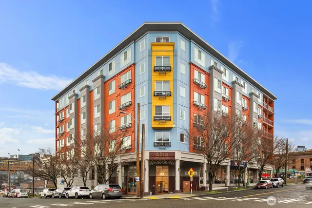 a view of a building and a street