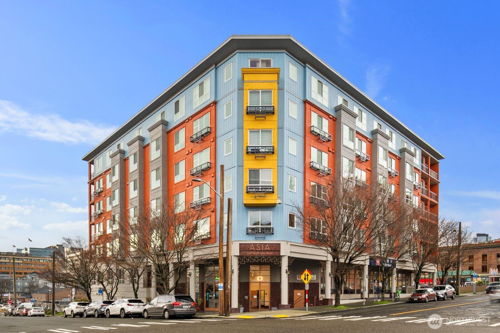 a view of a building and a street