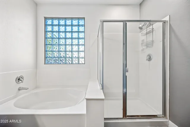 a bathroom with a bathtub and a shower