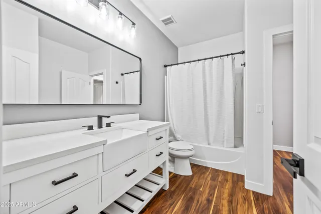 a bathroom with a sink a toilet and a mirror