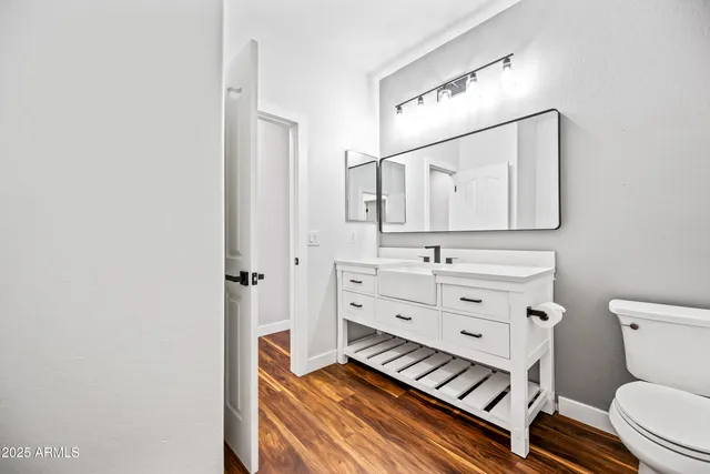 a bathroom with a toilet a sink and mirror