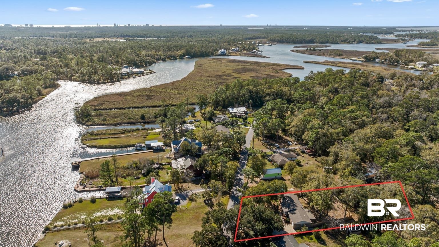 6801 Piney Woods Road Foley, AL 36535 - Photo 2 of 74 View of property location with property parcel outlined and a nearby body of water